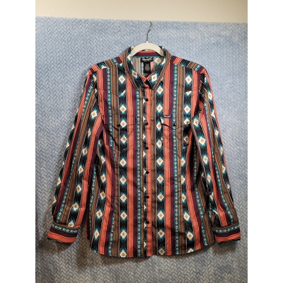 Wrangler Retro Womens Shirt Large Aztec Western Pearl Snap Rodeo Cowgirl - Picture 13 of 13
